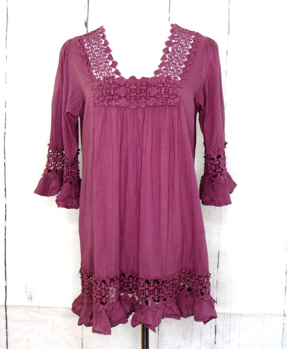 Cute Options Tunic Blouse Top Mauve Crochet Gauze Boho Cottage 3/4 Sleeve Size L